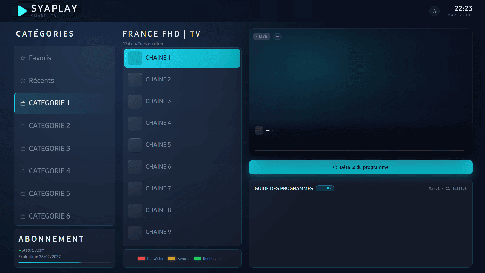 Interface Live TV de SYAPLAY : catégories, liste de chaînes et guide des programmes