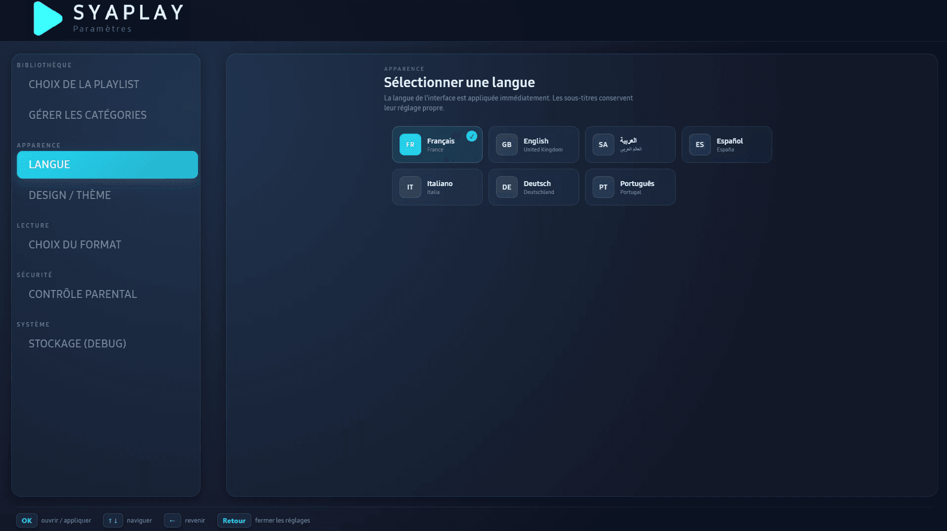 Écran de sélection de la langue de l'interface SYAPLAY